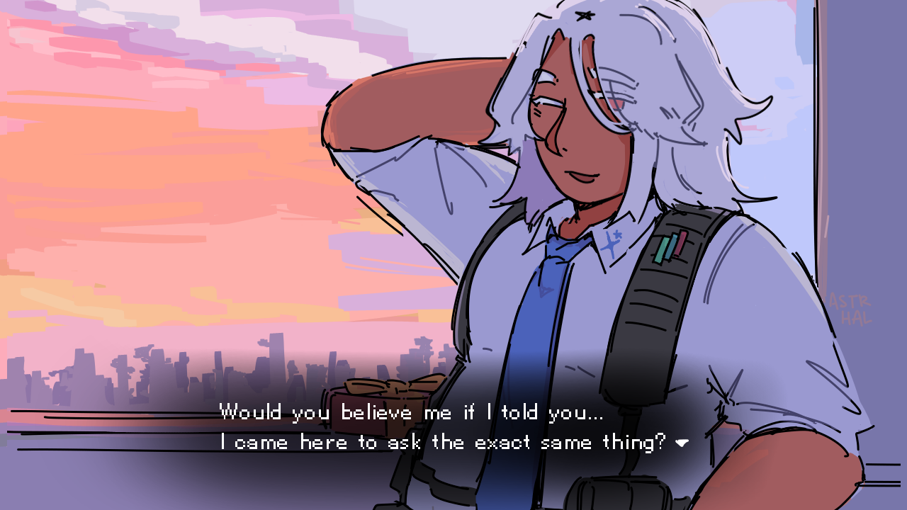 Art of a character standing on a roofdeck at sunset. He is smiling, hiding a box of chocolates behind him. He says, 'Would you believe me if I told you... I came here to ask the exact same thing?'