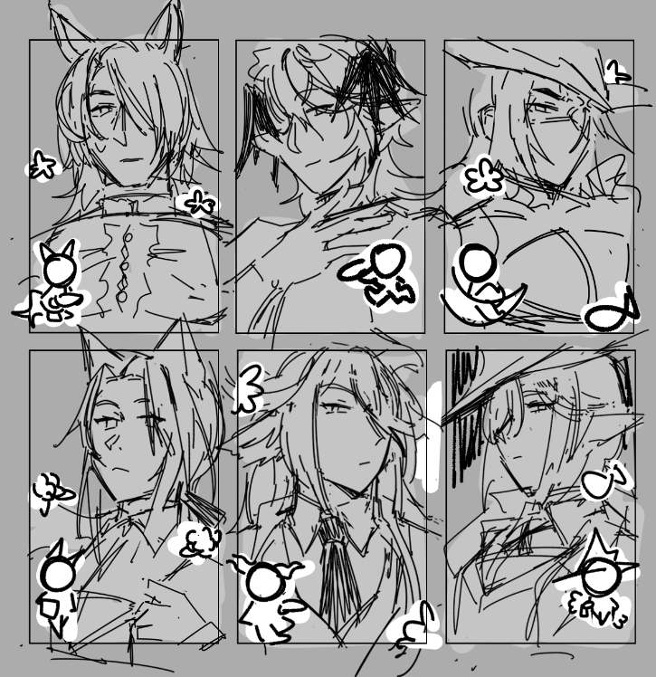 Thumbnail sketches for the Arknights photocards. Ulpianus, Logos, Mlynar, Kal'tsit, Gladiia, and Degenbrecher are drawn.