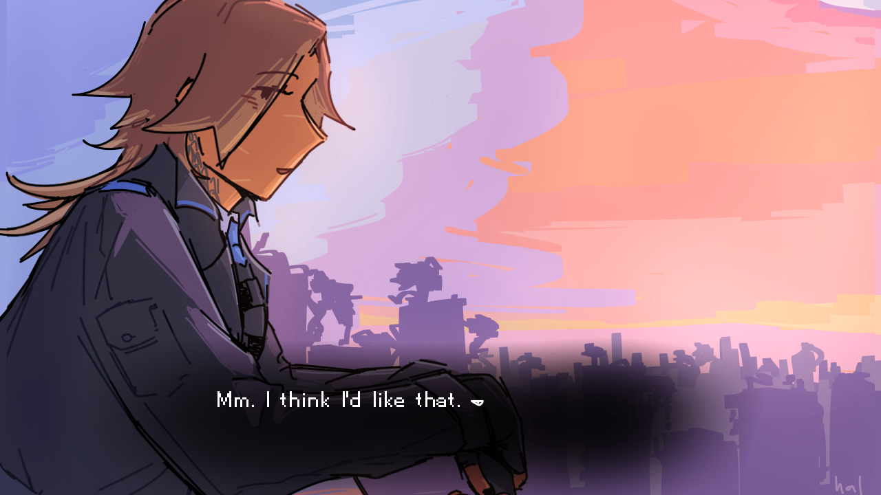 Art of a character leaning on a rooftop balcony, the sunset over a cityscape behind her. He looks at the viewer, saying, 'Mm. I think I'd like that.'