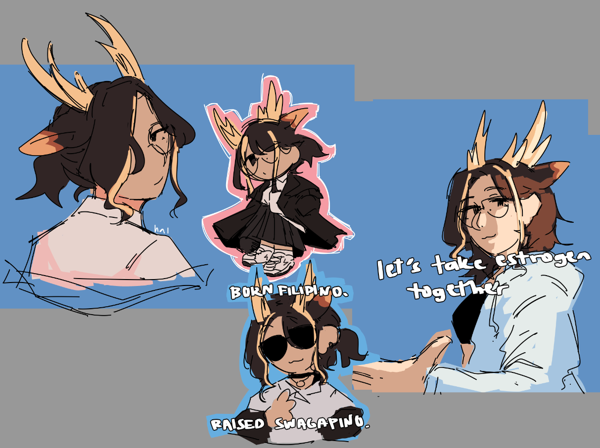 Sketches of a deer woman kemonomimi. One chibi says 'Born Filipino. Raised swagapino' and another drawing says 'let's take estrogen together'.