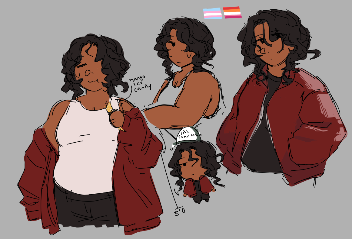Four drawings of a woman. She has wavy hair and a red bomber jacket. The trans and lesbian flags are on top of her.