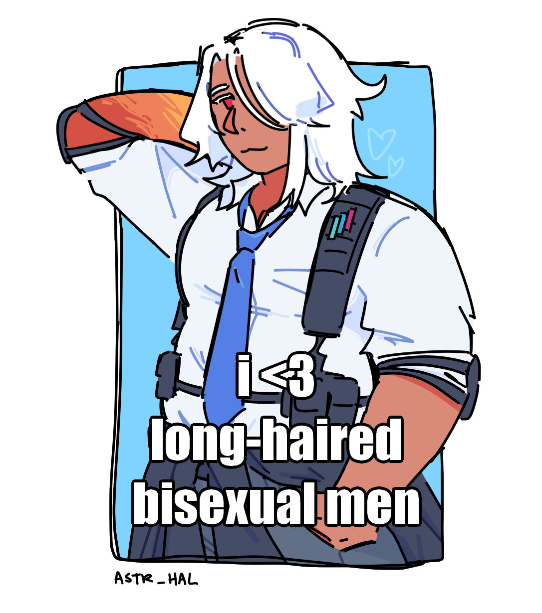 Akeno politely smiling at the viewer. Text on top says 'i <3 long-haired bisexual men'.