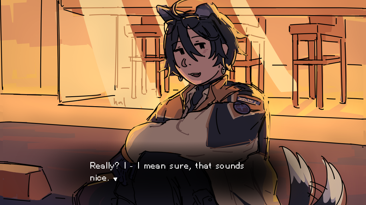 A character sitting at a parking lot outside a restaurant, illuminated by the store light behind him. He replies with what is assumed to be the viewer's confession: 'Really? I - I mean sure, that sounds nice.'