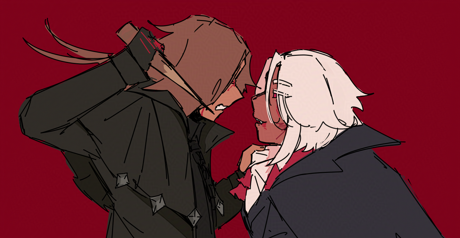 Vampire hunter August holding vampire Akeno by the collar.