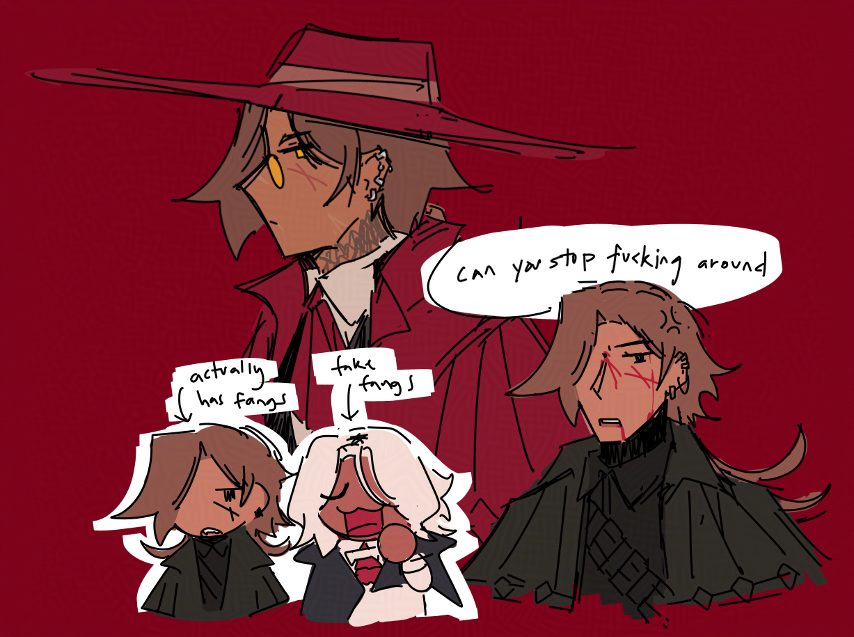 Compilation of doodles of vampire hunter August and vampire Akeno.