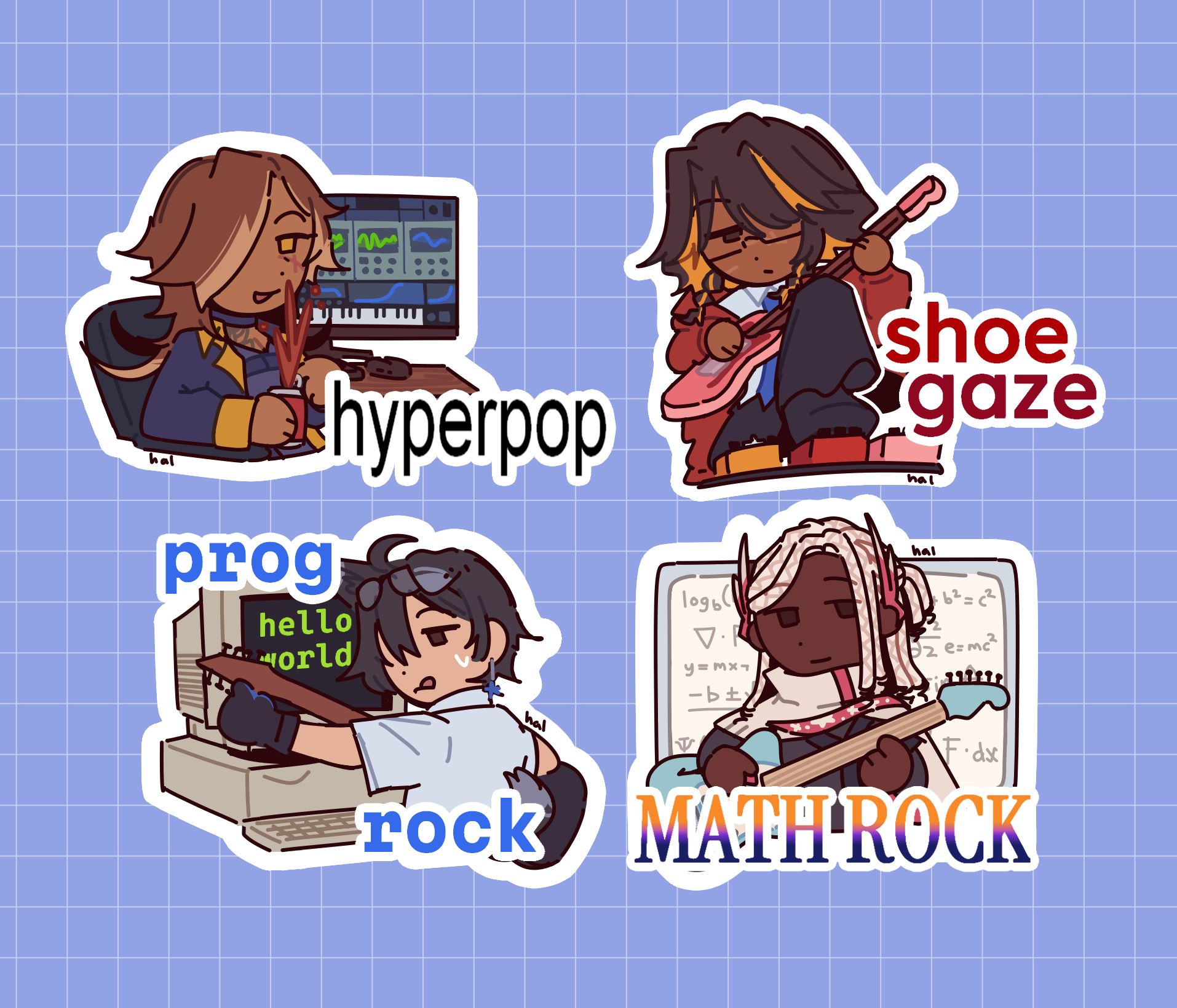 Four stickers related to puns and jokes about music genres. Hyperpop has a character in front of a screen with the Serum VST, opening a soda can. Shoegaze has a character looking down at her shoe, pressing on a pedal while playing bass. Prog rock has a character tuning a guitar in front of a computer saying, 'hello world'. Math rock has a character in front of a whiteboard with math equations.