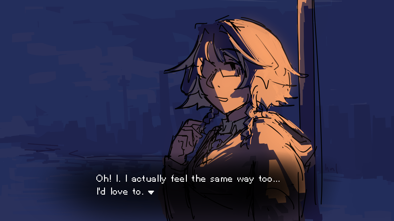 Art of a character standing outside at night, illuminated by a nearby lamp. She is surprised, looking at the viewer. She says, 'Oh! I. I actually feel the same way too... I'd love to.'