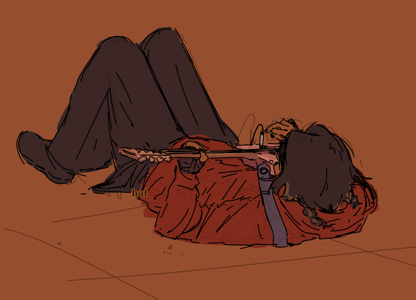 Pina playing the bass while lying on her back.