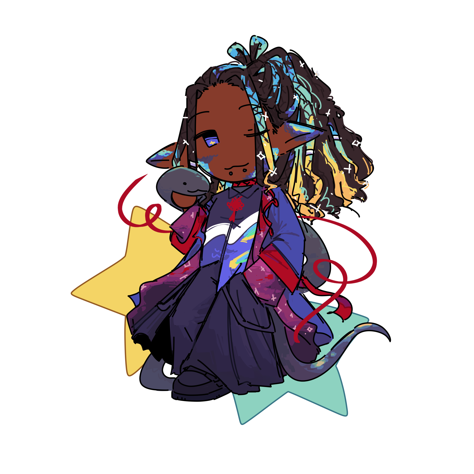 A snake kemonomimi chibi in flowy, baggy clothing. She is holding a snake.