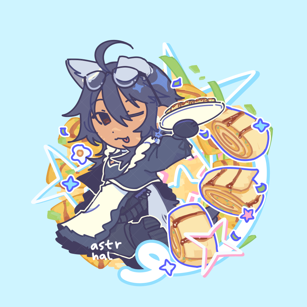 Ethan maid chibi decorated with dan bing. He's wearing a maid dress with a chest window and a frilly jacket on top, with cargo pants underneath.