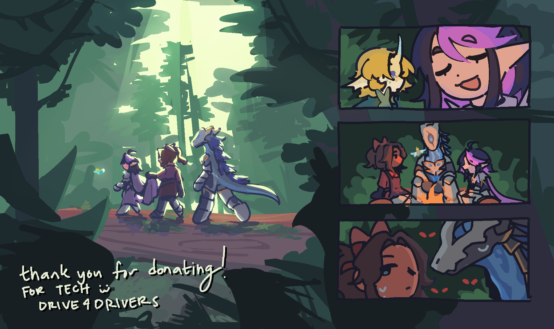 a d&d party walking through a forest.
