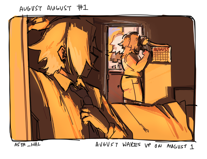 View of August and Akeno's room during the sunrise. August is by the window adjusting his tie, Akeno is by a doorway flipping a calendar to reveal the new month, 'August'. Labelled: August wakes up on August 1.