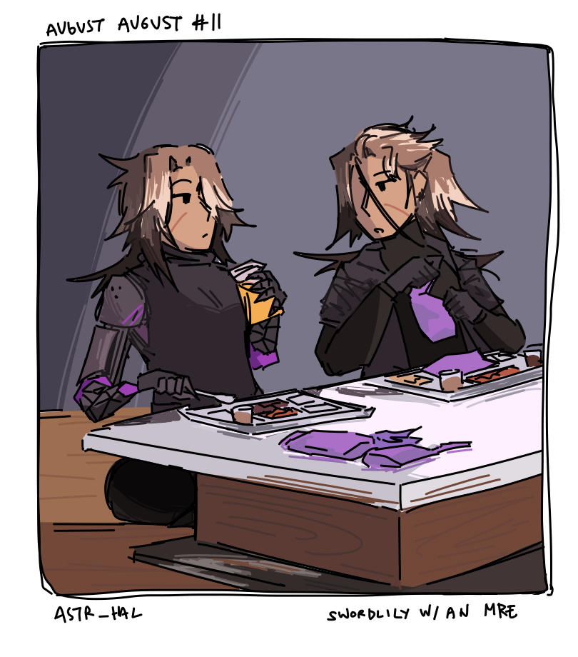 Sword and Lily sitting at a low table, food on metal trays and mre packaging on the table. Labelled: Swordlily with an MRE.