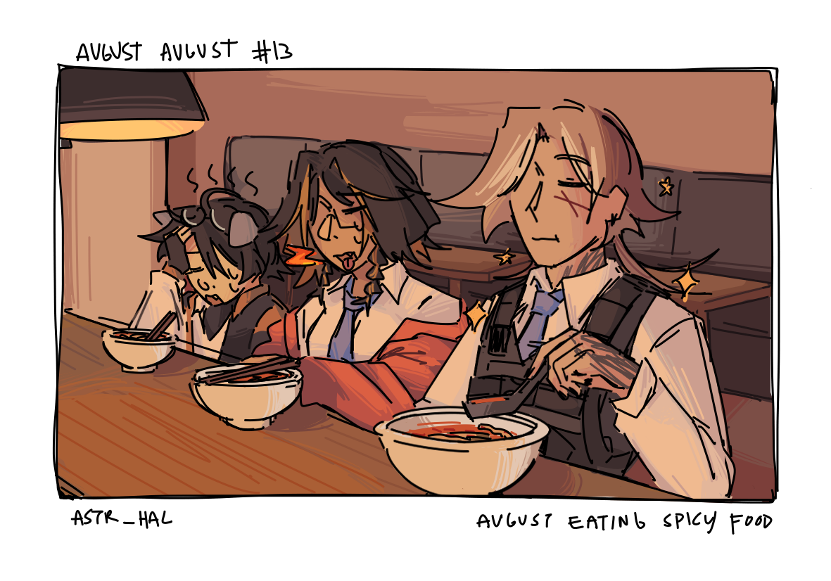An angled shot of August, Pina, and Ethan eating spicy noodles at a bar. August is enjoying it while Pina and Ethan are reacting badly to the spice. Labelled: August eating spicy food.
