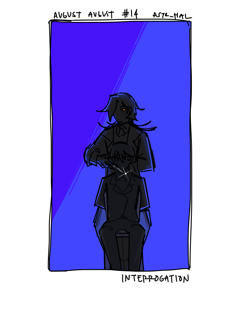 August standing behind someone tied to a chair, staring at the viewer as he holds a knife to the victim's throat. Behind them is a bright blue background. Labelled: Interrogation.