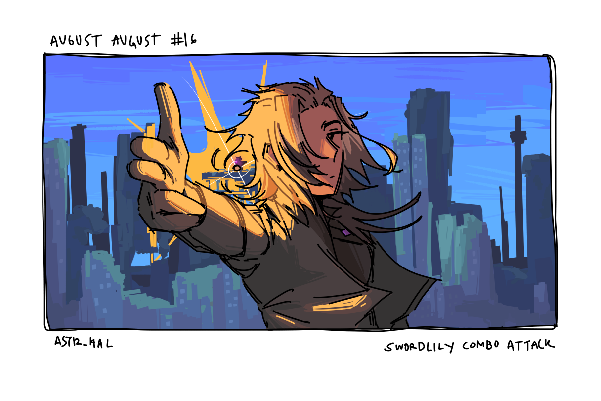 Sword points a finger gun towards the viewer, a bullet flying in the direction she points. In the distance behind her, Lily's figure stands atop a building, implied to be the one who fired the gun. The buildings in the background are overgrown. Labelled: Swordlily combo attack.
