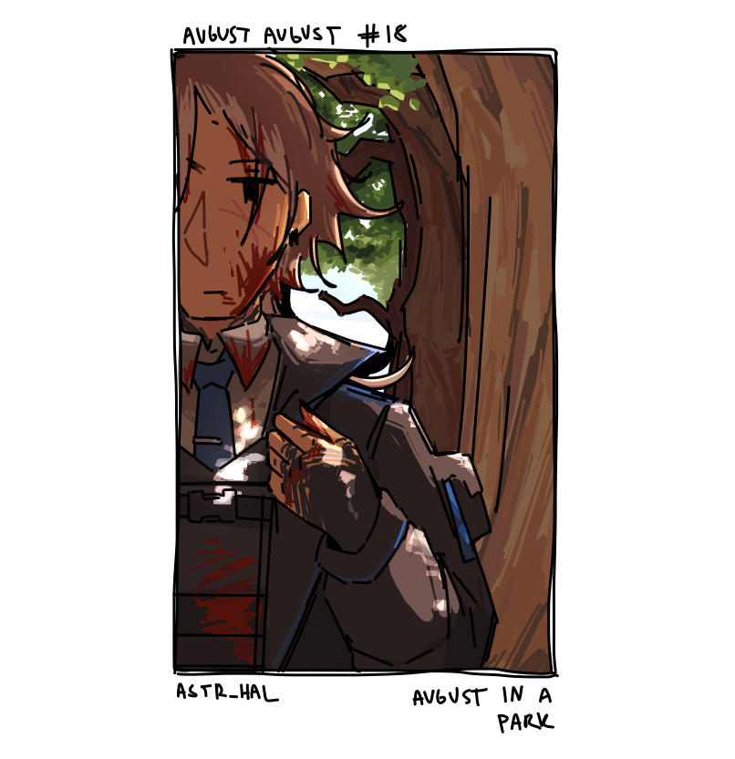 A front portrait of a August walking beside a line of trees, adjusting the collar of her coat. His face and clothes are covered in blood. Labelled: August in a park.