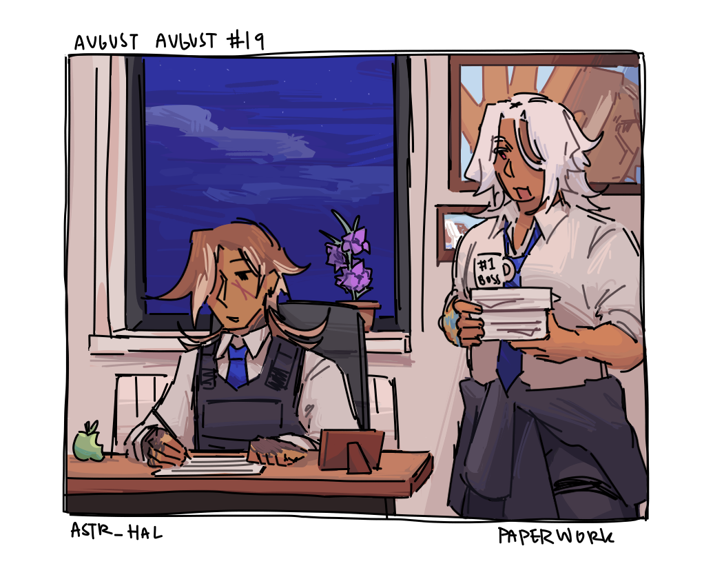 August and Akeno in August's office. August is sitting her a desk, writing on paper. Akeno is standing on the right, holding a stack of papers and a mug. Labelled: Paperwork.