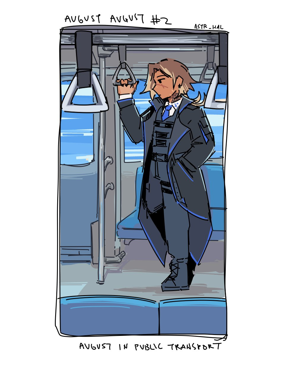 August standing inside a train holding a grab handle. Labelled: August in public transport.