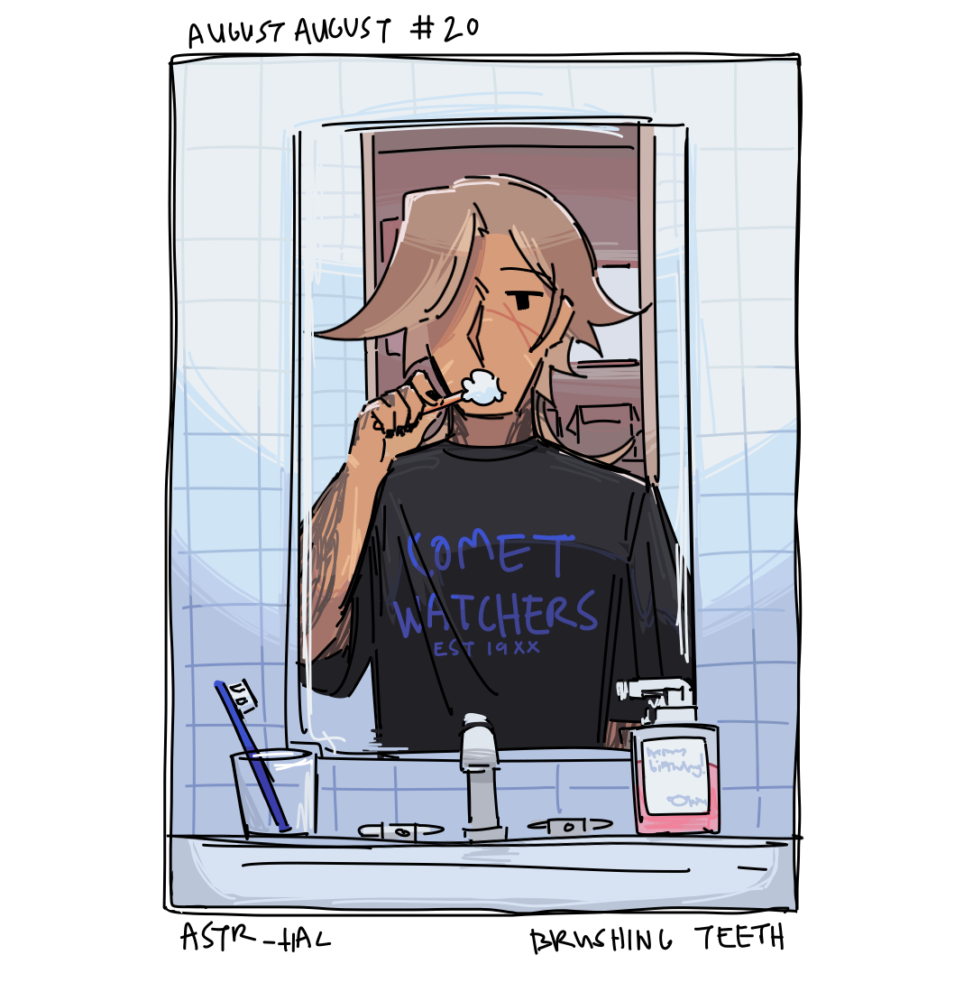 A mirror shot of August brushing his teeth. Labelled: Brushing teeth.