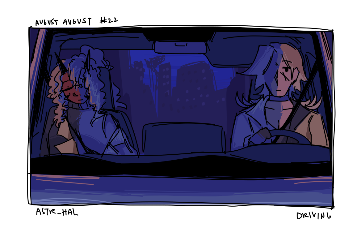 Front view of August and Cecelia in a van. Cecelia is asleep leaning against the window. August is driving, a slight smile of content on her face. Labelled: Driving.