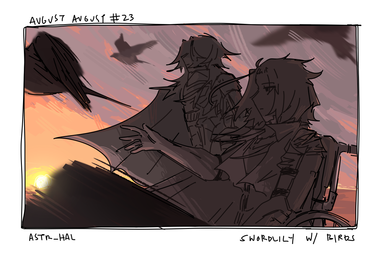 Side view of Sword and Lily, a sunrise behind them. Sword is in a wheelchair, hand held out as a skua flies from her hand. Lily is standing. More arctic skuas are flying in the foreground and background. Labelled: Swordlily w/ birds.