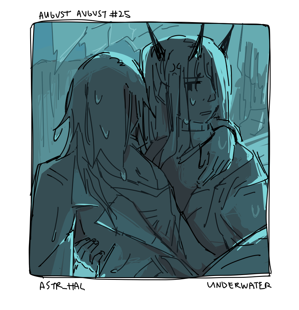 A close-up of Cecelia carrying August. Both of them are soaking wet. Behind them is an aquarium, glass broken, water flowing out. Labelled: Underwater.