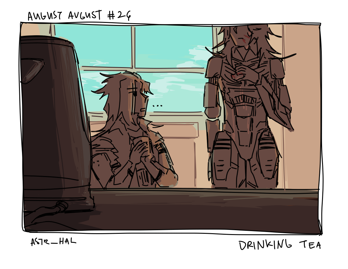 Sword and Lily drinking tea, viewed from a kitchen counter. Sword is staring up at Lily, who is holding a broken cup with cuts and tea on his face. Labelled: Drinking tea.