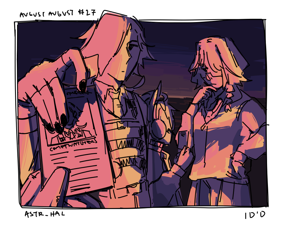 August, Pina, and Ethan at night, illuminated by a pink light. August is in front, handing her ID to a gloved hand. Pina and Ethan are behind him in a conversation. Labelled: ID'd.