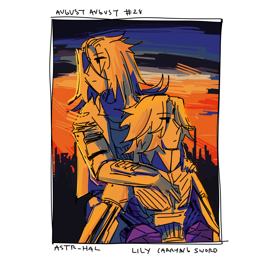 Sword riding piggyback on Lily. They are illuminated by the sunset. Labelled: Lily carrying Sword.