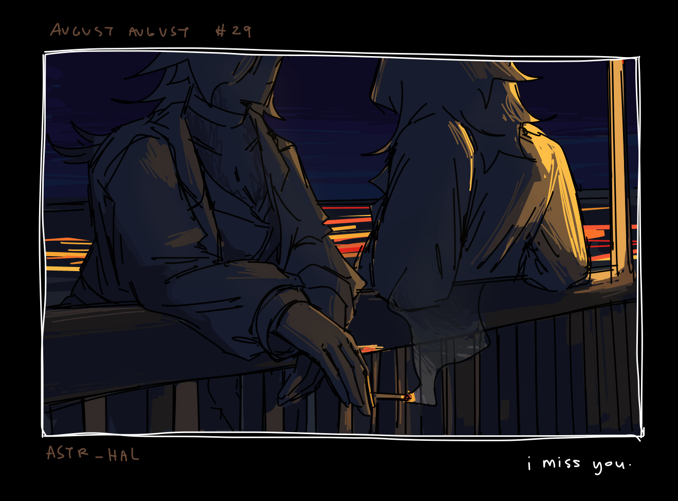 Altgust and Akeno leaning on the railing of a bridge at night, their eyes cropped out of frame. Altgust faces forward, lit cigarette in hand. Akeno's back is to the camera. They are lit by a nearby street lamp. Labelled: I miss you.
