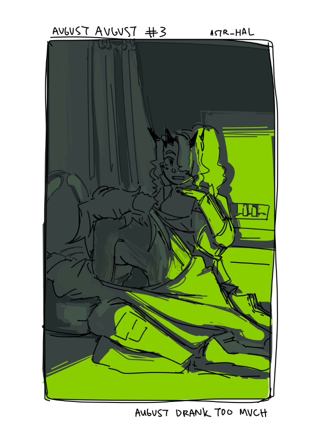 A dark bathroom with green light from an open door. August is hunched over the toilet, shirtless. Cecelia is behind her is holding his hair back, looking at the viewer and grimacing. Labelled: August drank too much.