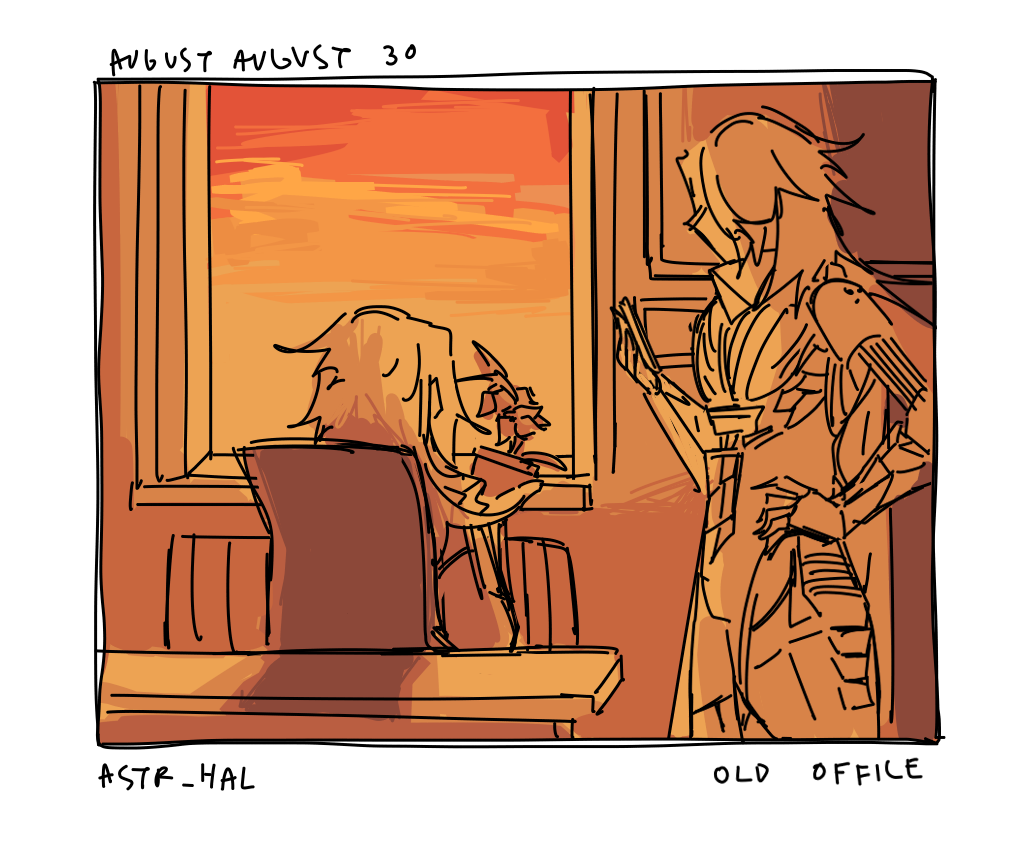 An orange sunset lights up an abandoned office. Sword and Lily are inspecting the items left over. Labelled: Old office.