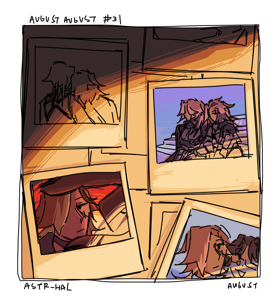 Art of several photographs of different versions of August. Labelled: August.