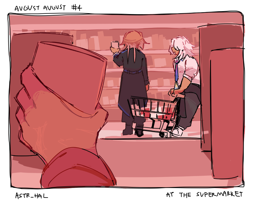 August and Akeno at a grocery store being viewed through the gap in a shelf, while Pina's hand in the foreground takes an item. August is picking up something from a shelf while Akeno is doing a wheelie with a shopping cart. Labelled: At the supermarket.