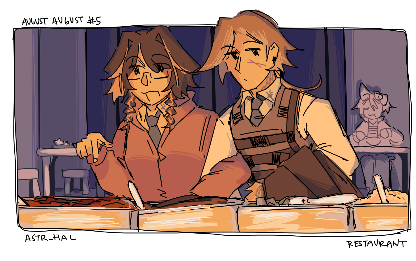 August and Pina standing in front of several food trays. Pina is pointing to a dish, arm interlocked with August's. Ethan is sitting in the background, eating from a bowl. Labelled: Restaurant.