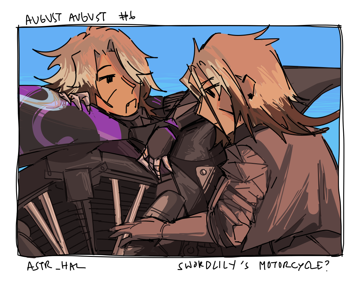 Sword and Lily next to a motorcycle. Sword is inspecting the motorcycle while Lily is leaning on it, talking. Labelled: Swordlily's motorcycle?