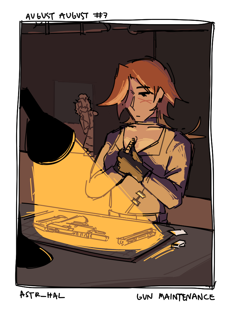 August doing maintenance on a handgun, a Five-seven, with a lamp shining on her table. Cecelia is watching him from a doorway behind. Labelled: Gun maintenance.