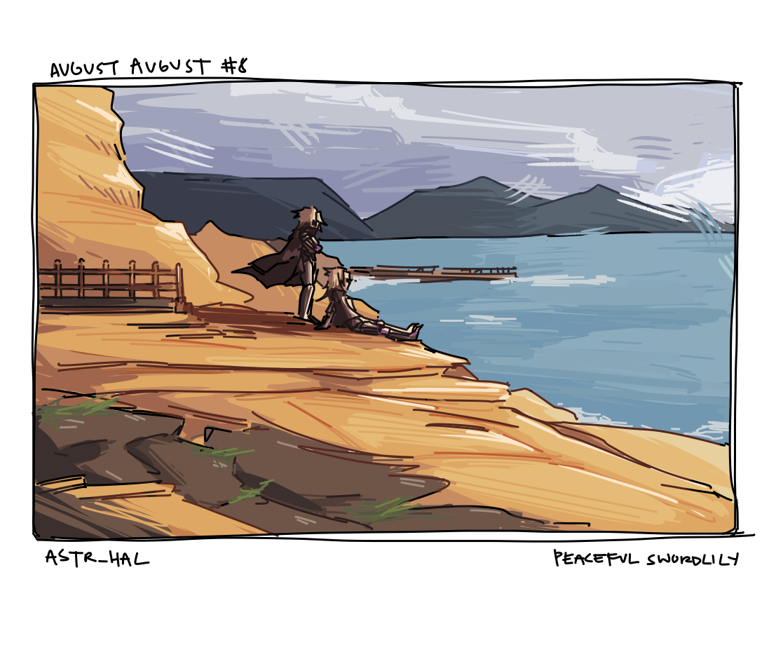 Sword and Lily standing at a rocky coast in overcast weather. Labelled: Peaceful swordlily.