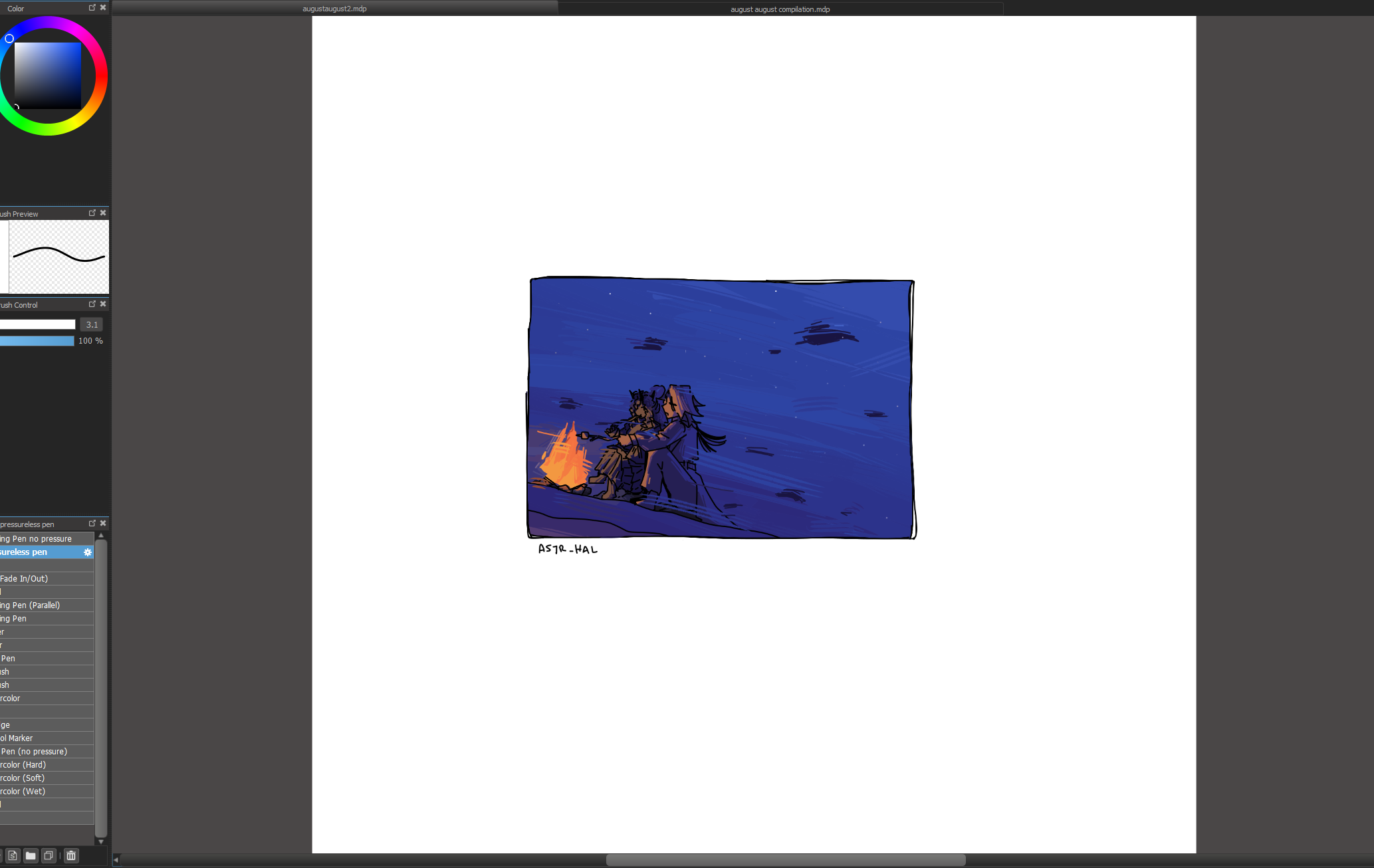 A screenshot of an art program with the artwork, significantly smaller than the canvas.