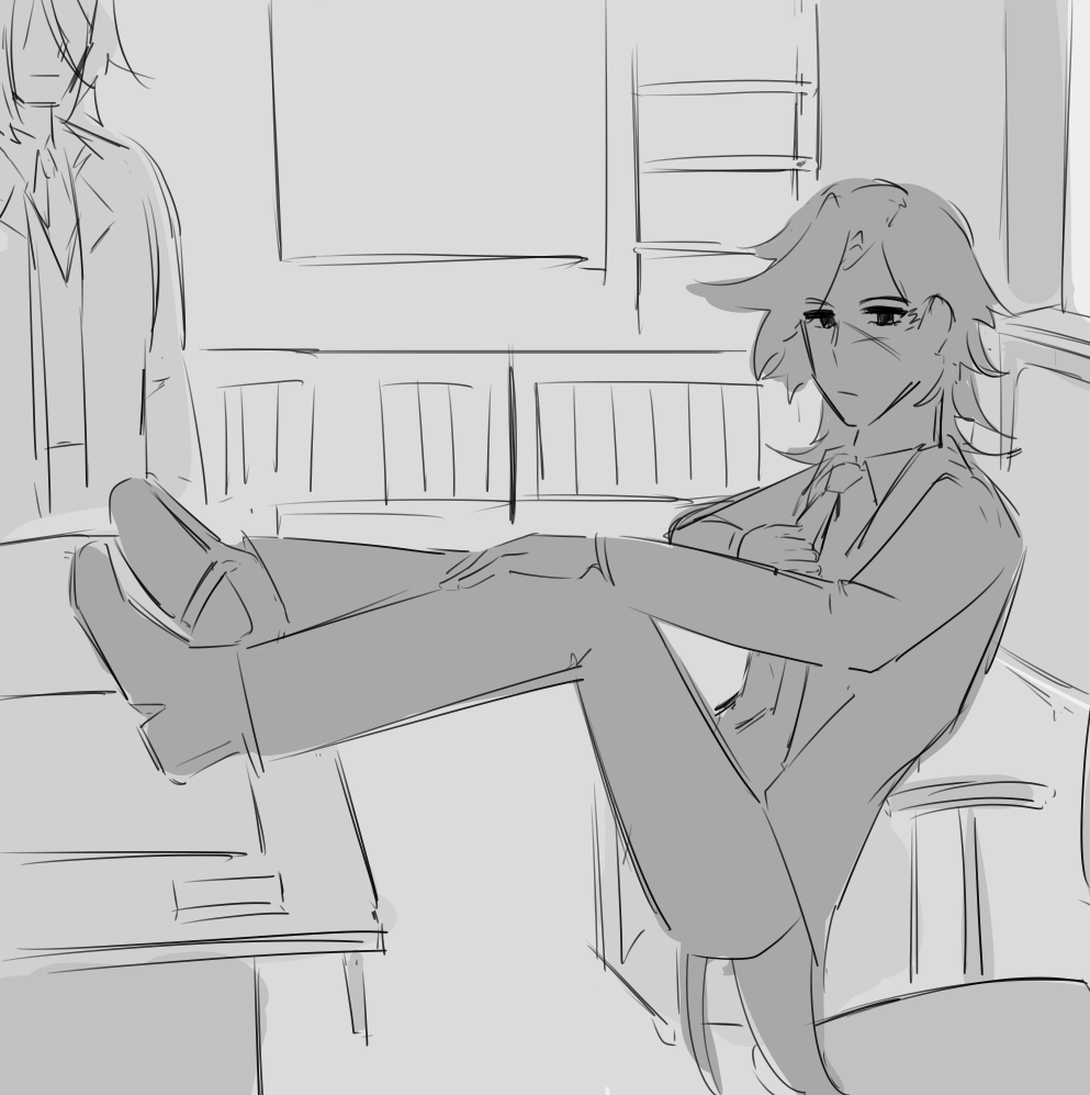 A black and white drawing of August sitting, floating above a chair, a reference to Lowry sitting down in Mystery of the Druids.