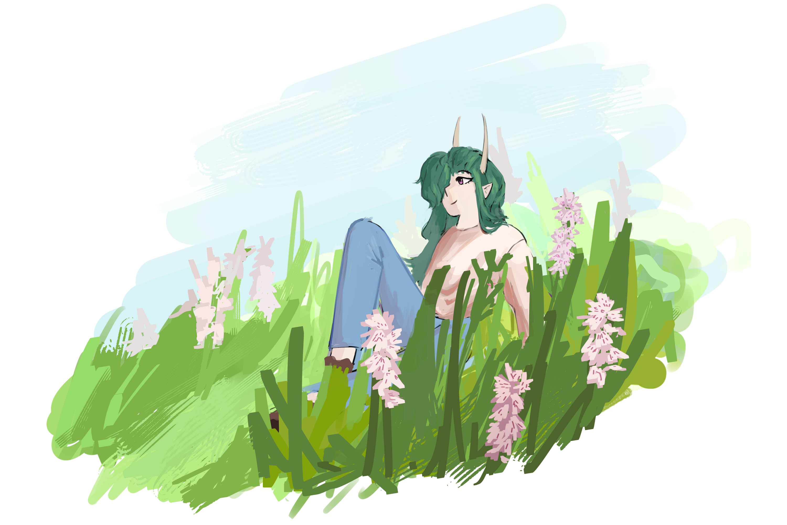A man with long, green hair and dragon features sits in a field of tall grass and flowers.