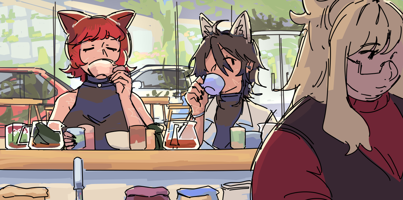 Ethan and Fiore drinking way too much coffee at a cafe bar. Ona stands behind the counter, preparing something.