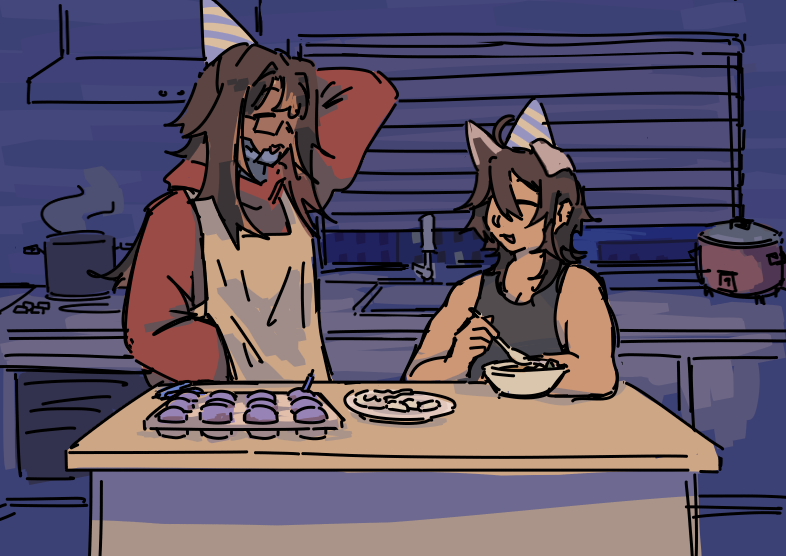 Pina and Ethan having an early morning birthday celebration for Ethan. They stand together on a kitchen island, Pina wears an apron while Ethan's in a tank top. There are ube muffins and pastillas on the table, while Ethan eats from a bowl of sinigang.