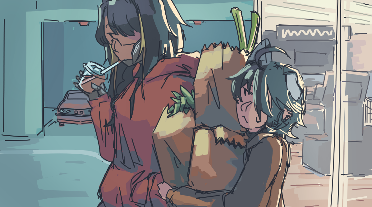 Ethan and Pina walking out of a supermarket and into a parking lot. Ethan is carrying paper bags of groceries while Pina sips on takeout coffee.