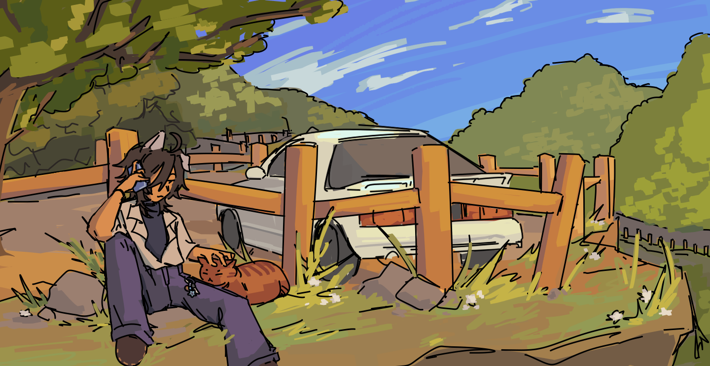 Ethan sitting at a mountainside parking lot, taking a phone call and petting a brown tabby cat. He is outside the fence, his car is parked.