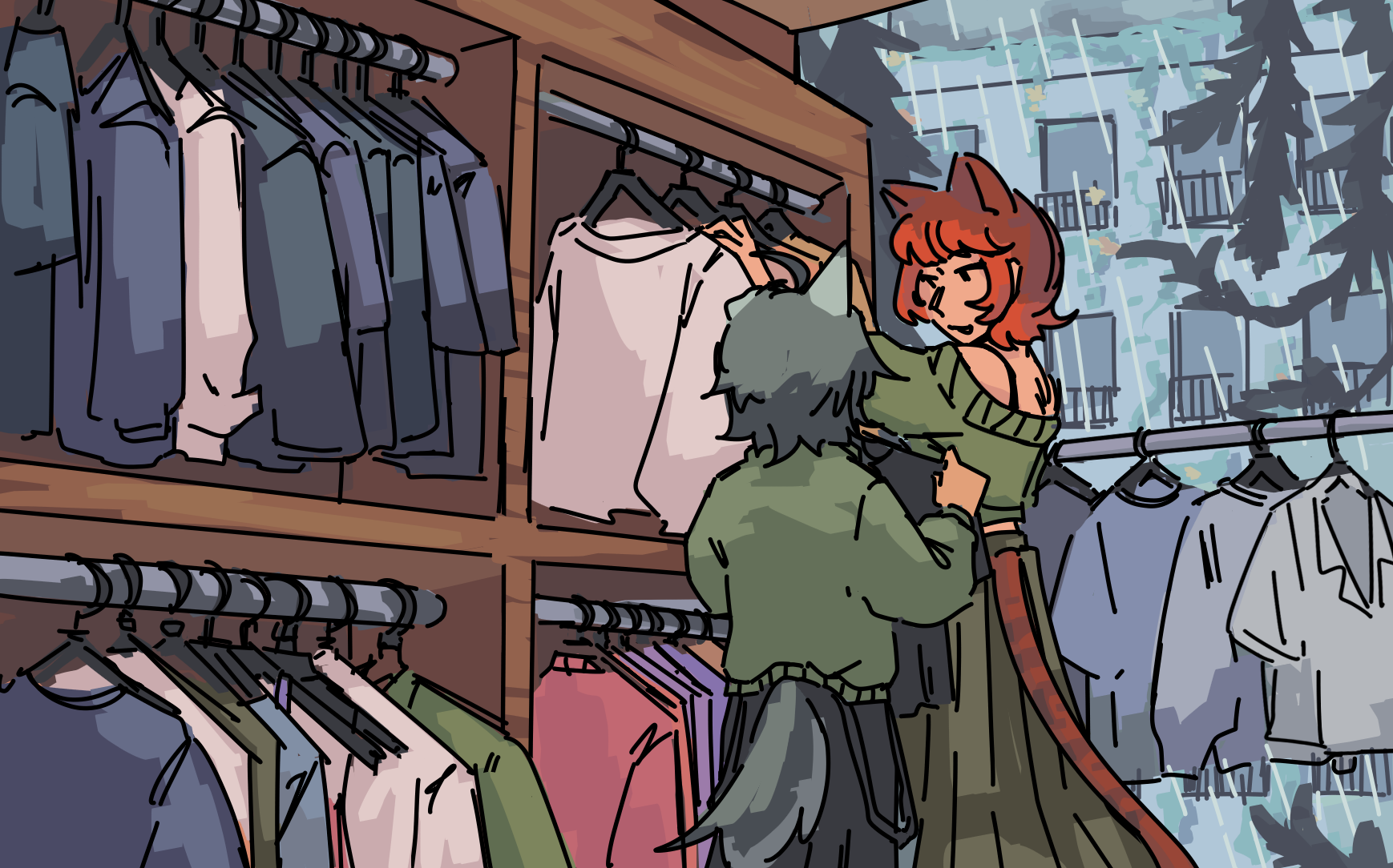 Ethan and Fiore in a clothing store, the gloom and rain outside contrasting with the warm wooden interior. Ethan shows Fiore a t-shirt while she looks through the clothes.