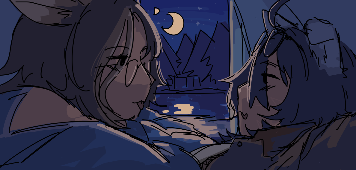 A closeup of Ethan and Camille in a tent at night, Camille laying on Ethan's chest.