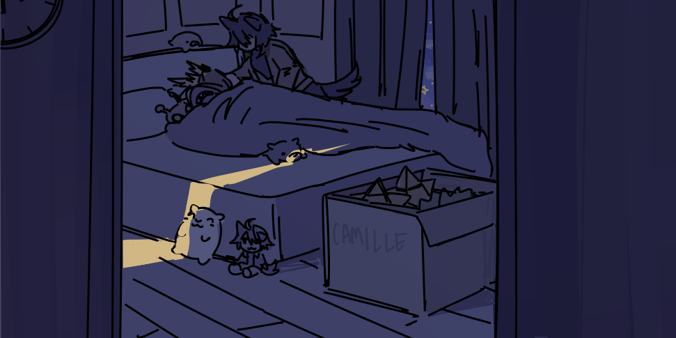 Ethan tucking in his partner, Camille, with her plushies before he leaves for work.