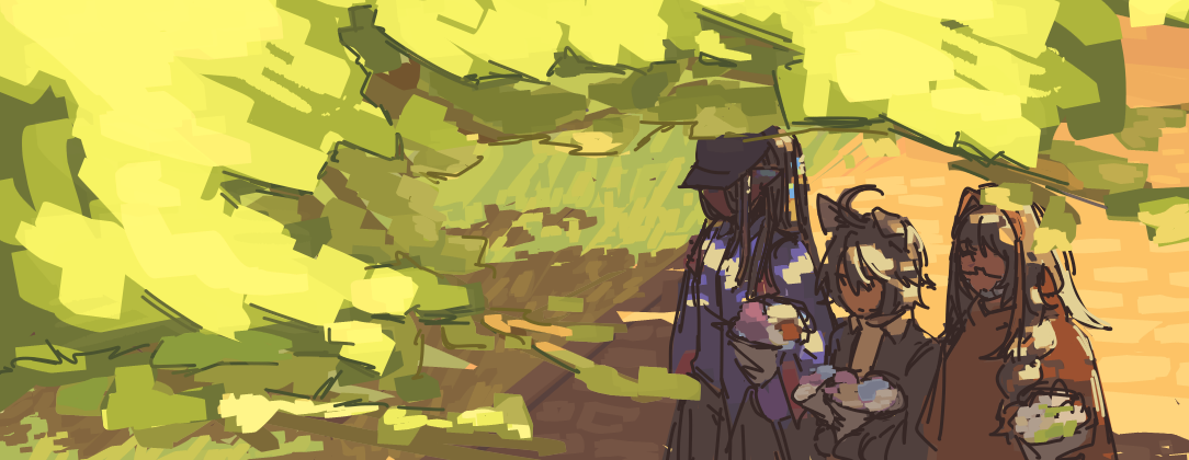 Ethan, Aurora, and Pina walking down a path holding bouquets of flowers. Branches and leaves of a tree cover the foreground.